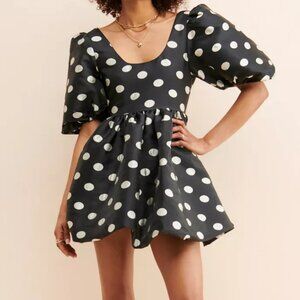 SISTER JANE Showtime Polka Dot Puff Sleeve Mini Dress, Black/White, XS